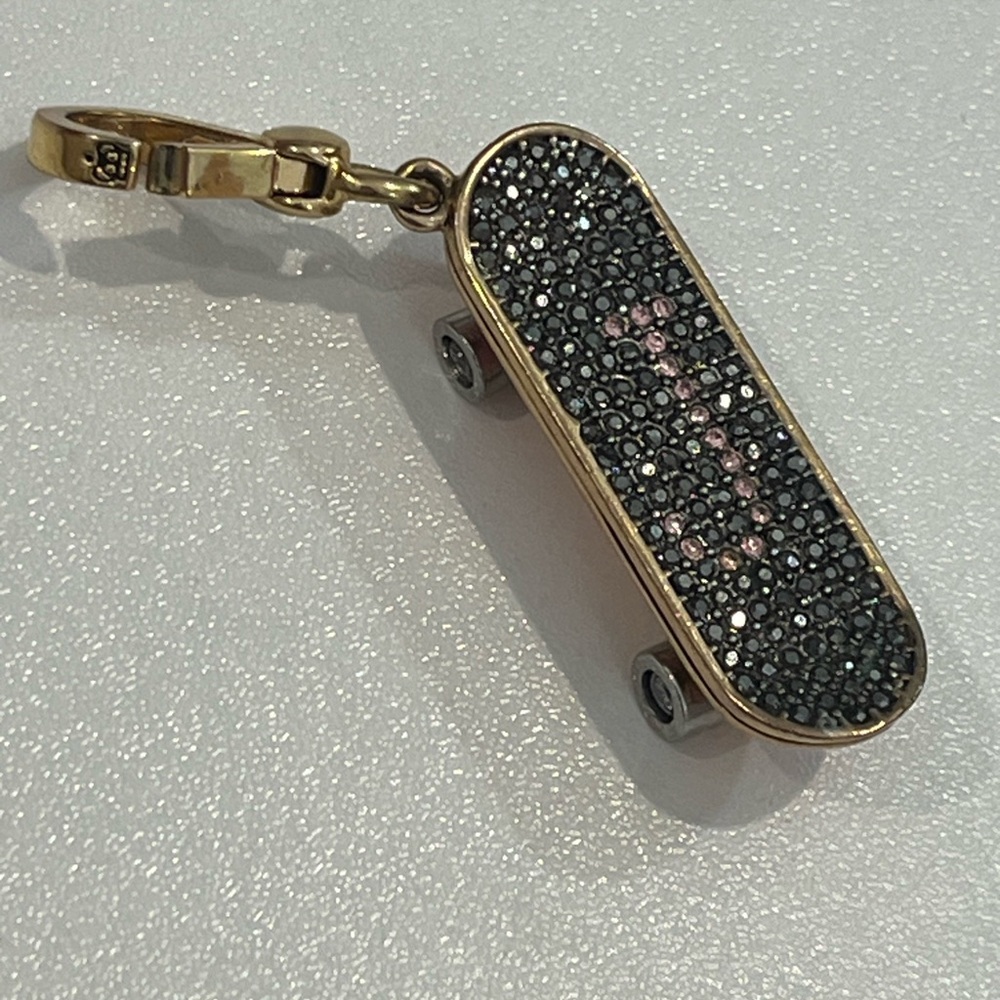 Y2K Juicy Couture Skateboard Charm Pave Black & Pink Crystal Rhinestone Goldtone